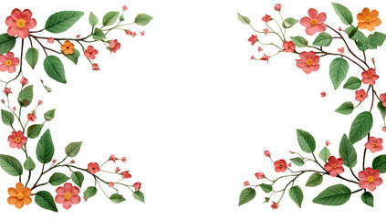 Beautiful spring flowering branches with leaves frame isolated on transparent background, illustration