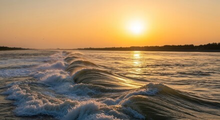 Golden sunset over a river, waves frothing