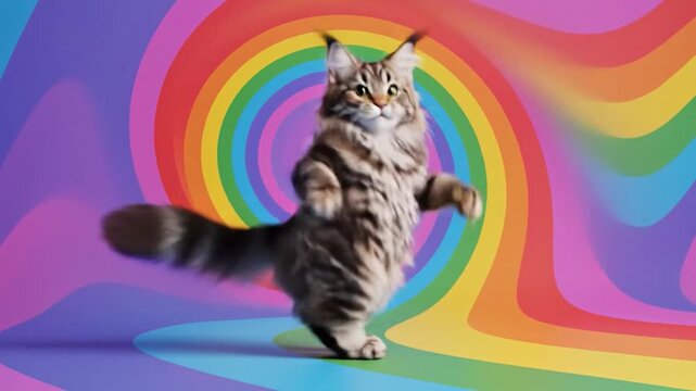 Funny fluffy tabby cat dancing on hind legs against a colorful psychedelic rainbow swirl background.