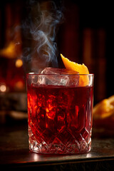 Deep ruby red Negroni cocktail with ice cube, orange peel garnish and smoky atmosphere in elegant bar setting