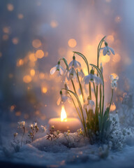 Fototapeta premium Delicate white snowdrop flowers blooming through fresh snow with a warm burning candle and golden bokeh light in a dreamy winter garden setting, ethereal seasonal atmosphere for holiday greeting