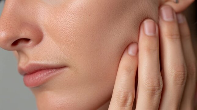 Close-up of a clenched jaw slowly releasing, skin tension easing. Intimate portrait detail capturing emotional release, stress relief, and subtle facial expression change.
