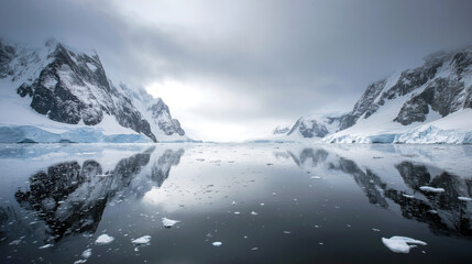 Obraz premium Calm Antarctic bay with mirror-like ice reflections, tranquil mood, symmetry, minimalist seascape