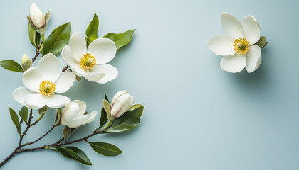Obraz premium Three white magnolia blossoms with green leaves on grey textured background. Delicate spring floral branch with buds, top view, minimal style.