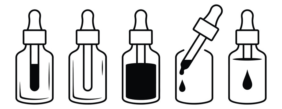 Dropper serum bottle skincare line icon set for cosmetic packaging