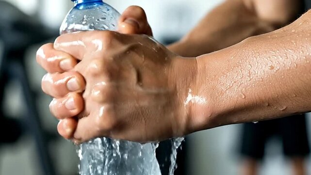 A close-up slow-motion shot shows an athletic person pouring refreshing water from a bottle over their sweaty arms and hands after a workout. The cool liquid splashes over their skin, providing relief