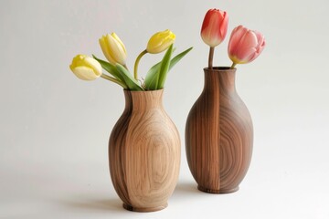 Fototapeta premium Two elegant wooden vases displaying vibrant tulips create a stylish still life against a clean white backdrop