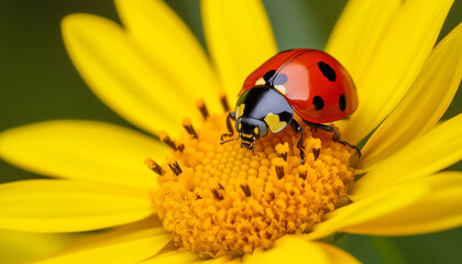 Fototapeta premium Macro shot of ladybug on yellow flower. Red insect with black spots climbs center petal. Detail view shows tiny bug on bright bloom