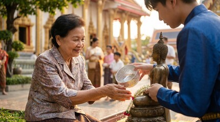 Songkran festival in Thailand, people gently pouring scented water over Buddha statues at a golden temple