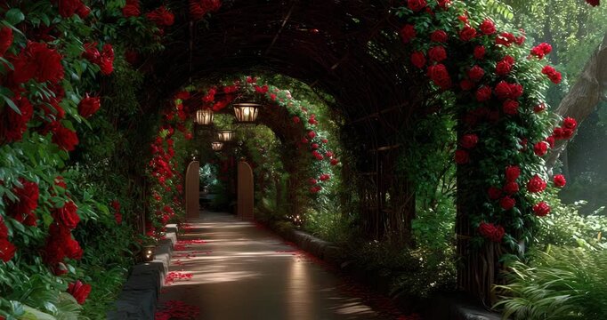Romantic rose covered garden pathway with lush greenery and soft lighting