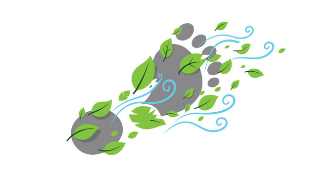 Ecological Footprint Concept with Grey Footprint Surrounded by Lush Green Leaves and Blue Wind Swirls for Environmental Impact Awareness Illustration, Generative AI.
