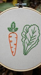 Handcrafted Embroidery of Carrot and Leafy Vegetable on Fabric in Circular Frame