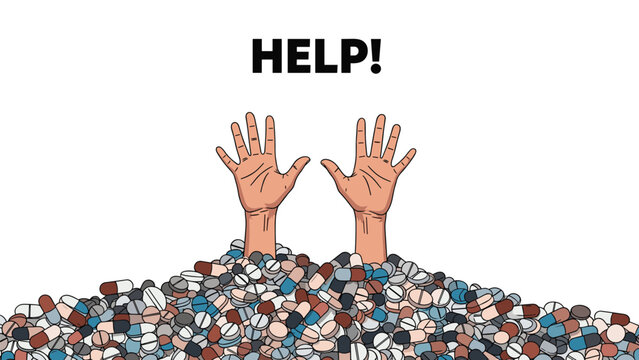 Person drowning in huge pile of pharmaceutical pills reaches hands out for help representing drug addiction and medication overdose crisis.