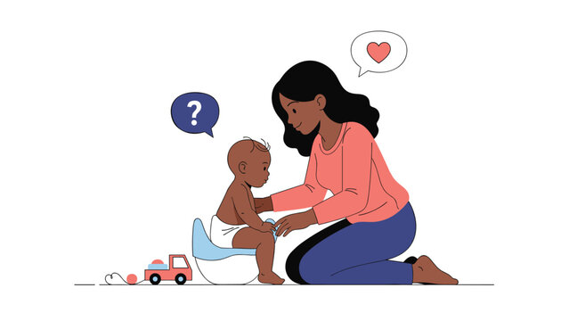 Caring mother helping her young child with potty training while sitting together on the floor in a home setting.