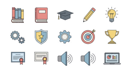 Education and Learning Icons Set: Books, Graduation Cap, Pencil, Lightbulb, Gears, Shield, Target, Trophy