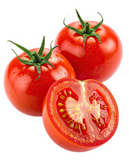 Three fresh, red tomatoes with one halved, showing seeds and flesh