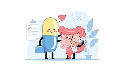 Obraz premium Friendly cartoon pill character comforting a sad and bandaged human intestine in a medical healthcare concept.
