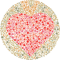 Ishihara style color blind test plate with a hidden love made of polychromatic dots, medical vision diagnostic concept. © Nawassyarif .