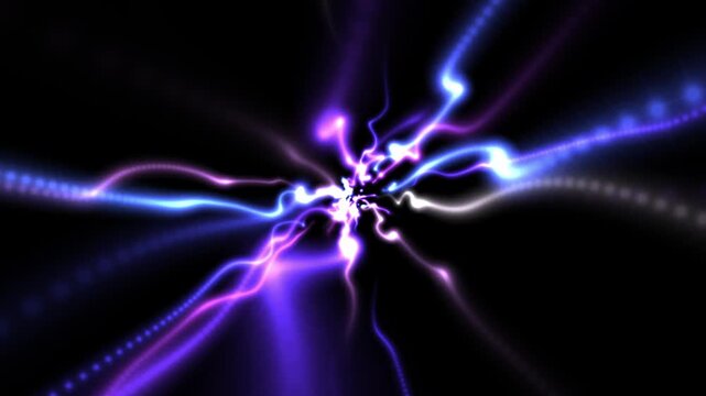 Neon light patterns radiate dynamically from a central point on a black background