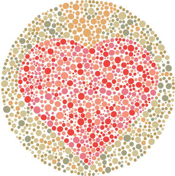 Ishihara style color blind test plate with a hidden love made of polychromatic dots, medical vision diagnostic concept.