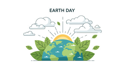 Fototapeta premium Rising Sun Behind a Planet Earth Globe Surrounded by Large Green Leaves Illustration Representing a New Day for Environmental Conservation and Sustainability, Generative AI.