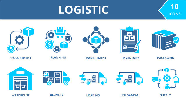 LOGISTIC  icon collection set. Containingprocurement ,Planning, management, inventory, packaging, warehouse, delivery, loading,unloading, supply  . dual tone vector.