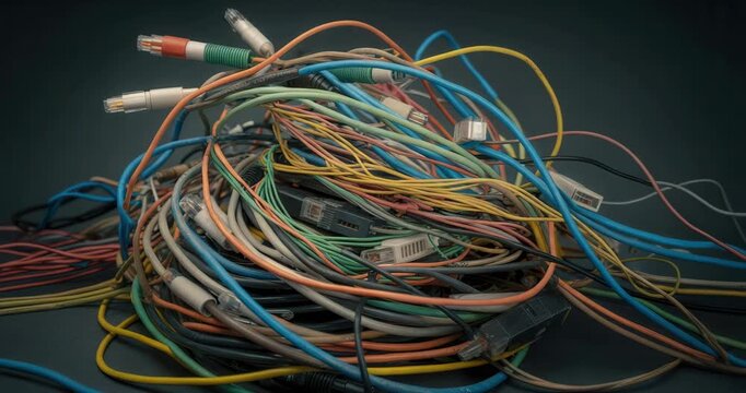 Tangled mess of colorful ethernet cables and connectors
