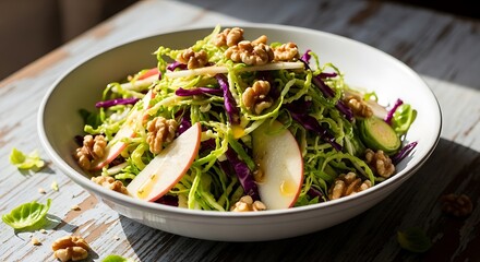 Delicious fresh salad with pears and walnuts in a white bowl