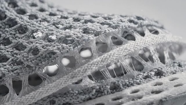 Closeup medium shot of spacer knit technical textiles used in athletic footwear highlighting breathable 3D knit fabric with air pocket cores for enhanced comfort and ventilation.