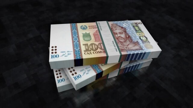 Tajikistan somoni Tajikistani money pile pack. Concept background of economy, banking, business, crisis, recession, debt and finance. 100 TJS banknotes stacks 3d animation.