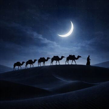 "Crescent Moon Camel Caravan at Night &mdash; Silhouetted Camels and Guide Crossing Sand Dunes Under Crescent and Starry Sky"