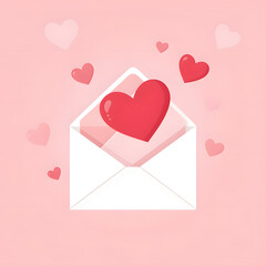 Romantic envelope with red hearts on pink background