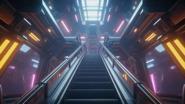 A mega tower elevator rises through a bright sci-fi interior footage