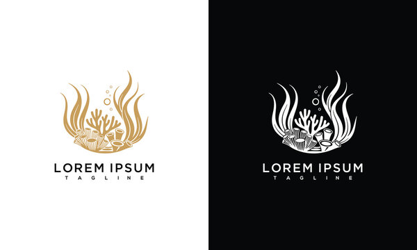 Elegant Aquatic Coral Reef Logo Design with Marine Life Seaweed and Fish Vector.