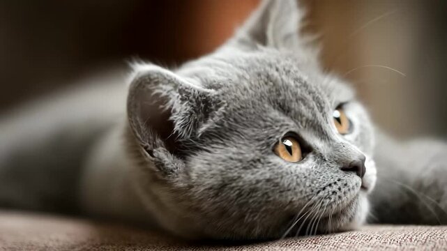 A gray kitten peacefully resting on a soft couch, with its eyes closed and paws tucked under its body.