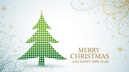 Festive holiday season stylized green christmas tree with dotted pattern on a light background with decorative swirls and a merry christmas and happy new year greeting