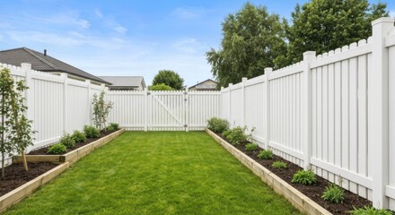 Backyard with white fence and garden beds