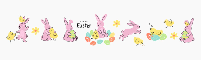 Obraz na płótnie Canvas Happy Easter collection of hand drawn cutest crayon illustrations scenes featuring a chick, easter bunny, eggs and flowers in pastel colors isolated on white background. Easter card, banner design.