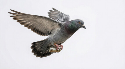 Carrier pigeon flying while delivering a letter in an envelope. Concept of traditional message delivery and historical communication before modern technology.  © Stock Medae 