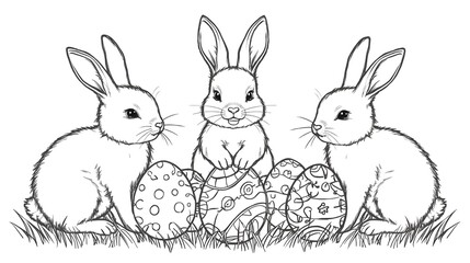 Fototapeta premium Black and white line art illustration of three cute rabbits sitting in grass with decorated Easter eggs, hand-drawn sketch style on a white background.