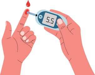 Blood glucose test illustration isolated, diabetes monitoring with finger blood drop and digital glucometer device, healthcare medical measurement concept