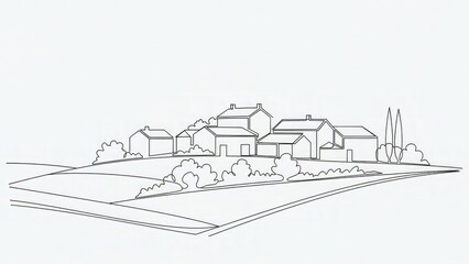 Obraz premium Stylized village line art illustration featuring houses trees and rolling hills under a clear sky depicting a rural landscape with clean lines and a minimalist aesthetic