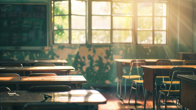 Education inequality concept, empty classroom with broken desk, soft natural light, symbolic scene.