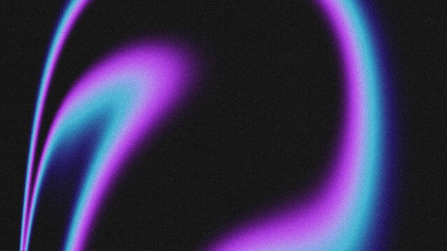 Curved neon light trails in magenta and cyan flow across a dark purple-black background with a grainy texture. 