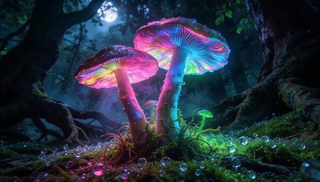 A dreamlike scene of a forest floor featuring two vibrant, psychedelic mushrooms glowing in a dark, mystical environment with a full moon shining through the trees.