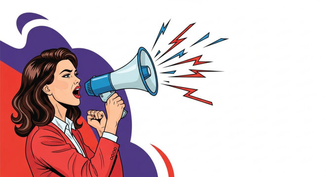 Woman Shouting into Megaphone in Comic Pop Art Style