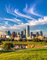 Fototapeta premium City skyline amidst greenery, under a dramatic, swirling cloudscape
