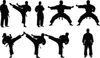 Black silhouette collection of karate and taekwondo martial artists in various fighting poses and high kicks isolated on white background. © Mokbul