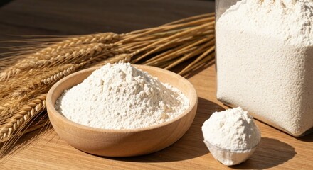 Flour in a wooden bowl, next to wheat stalks and a container