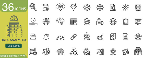 Data analytics line icon set for business and technology. Collection of thin outline symbol for big data analysis, information management, and modern digital concepts. Vector design